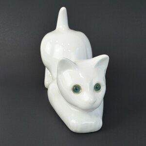 ELPA Portugal White Cat Ceramic Vintage Green Glass Eyes 9.5"